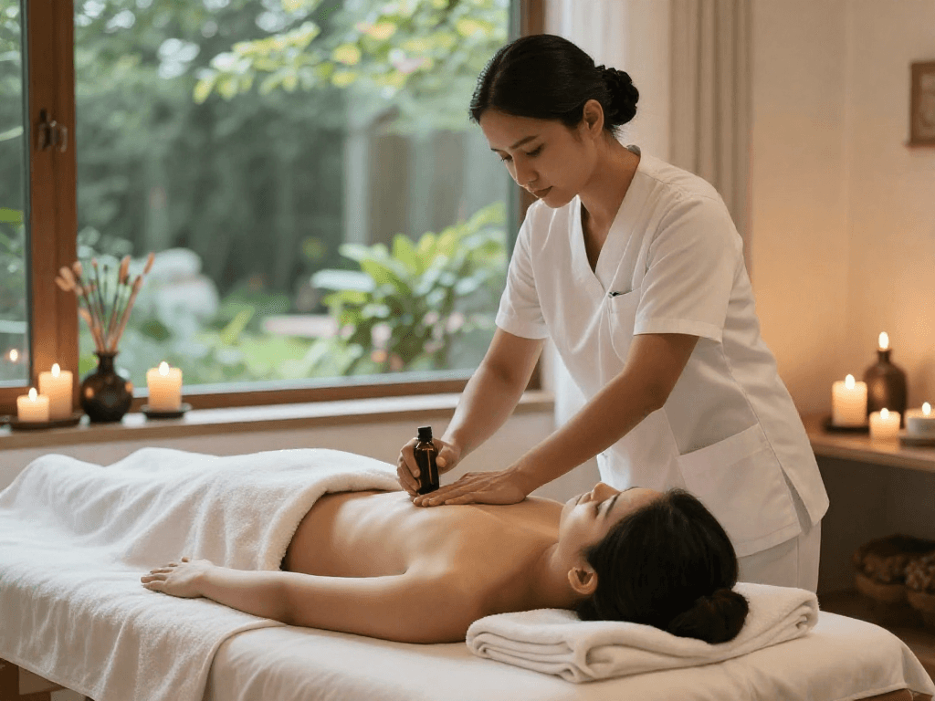 Relaxing 서울출장안마 session at home spa, professional therapist performing massage, soothing atmosphere with candles and herbs.