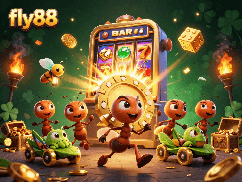 Experience the excitement of fly88 with a heist scene featuring ants, golden chips, and dynamic casino elements.