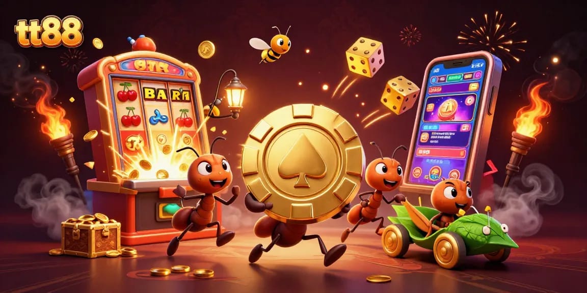 Experience the excitement of tt88 with vivid 3D ants, poker chips, and casino elements in a thrilling heist scene.