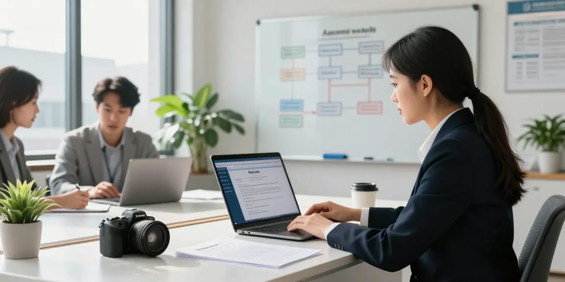 Apostille services professional in modern office, processing documents with collaborative team atmosphere.