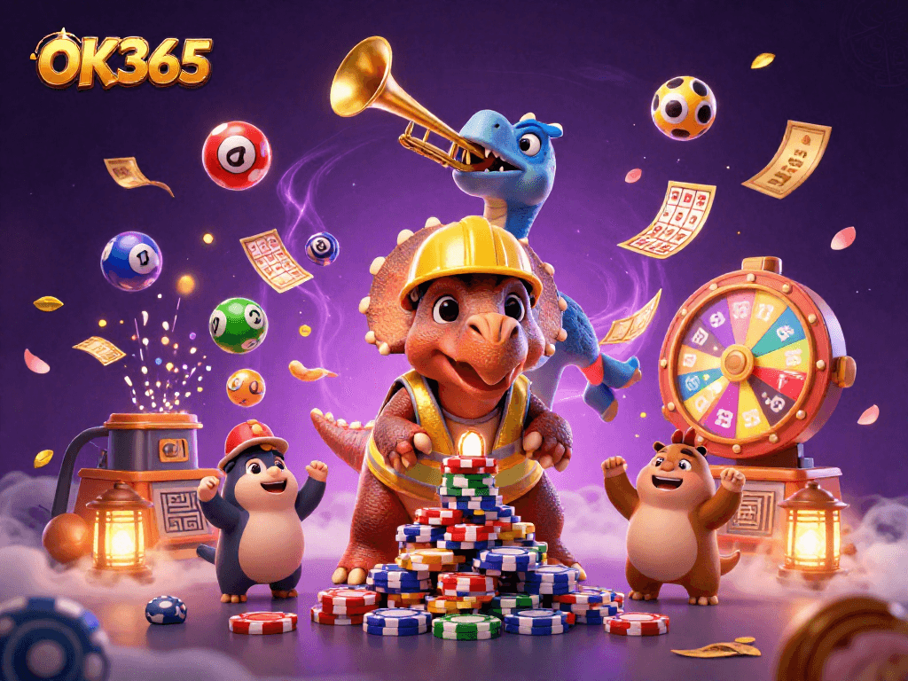 Experience excitement with OK365 in a vibrant casino scene featuring unique characters and dynamic game elements.