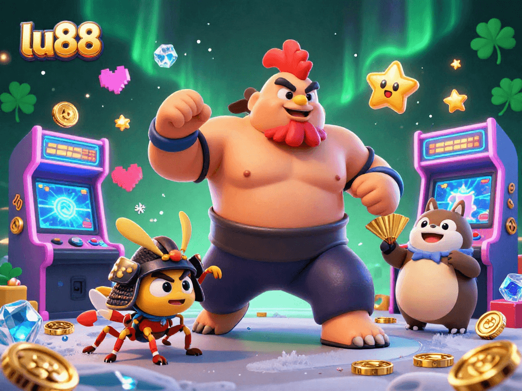 Experience epic battles at lu88 with a powerful sumo rooster and samurai cricket amidst vibrant casino elements.