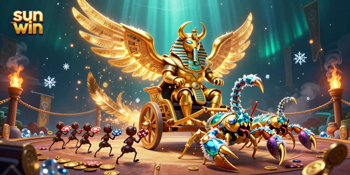 Experience the thrill of sun win with a golden scarab beetle and treasure-filled scene.