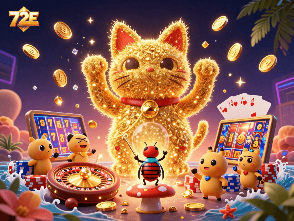 72E traz uma cena vibrante de cassino com um gato da sorte e fogos de artifício.