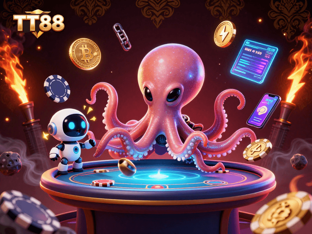 Engage in thrilling poker action at TT88 with an alien octopus and a tiny robot in a cosmic casino.