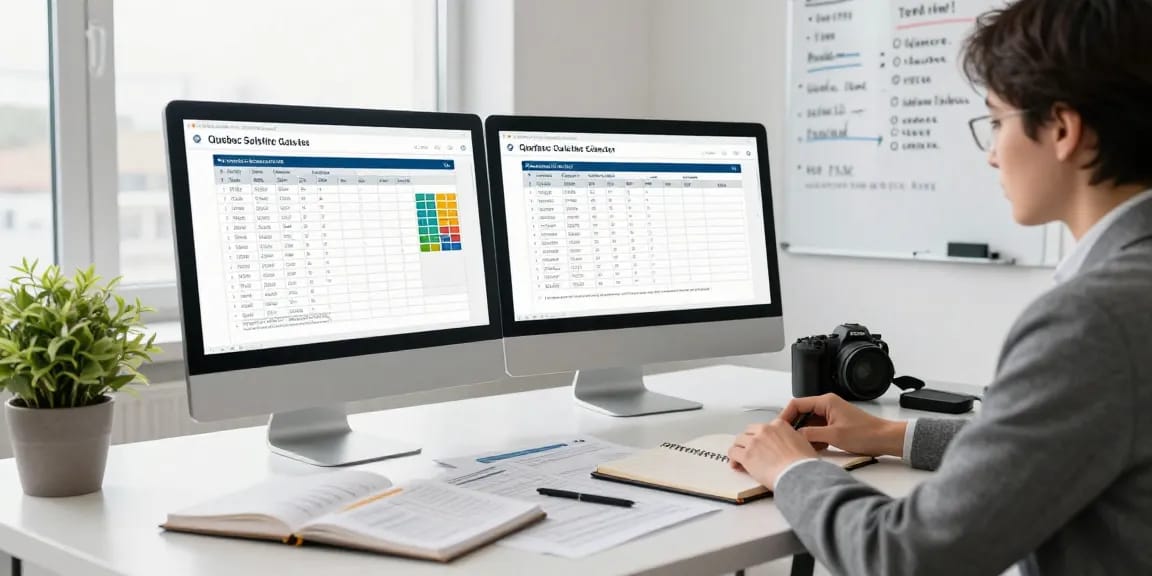 Using the quebec sales tax calculator 2026 at a professional workspace with tax documents and dual monitors.