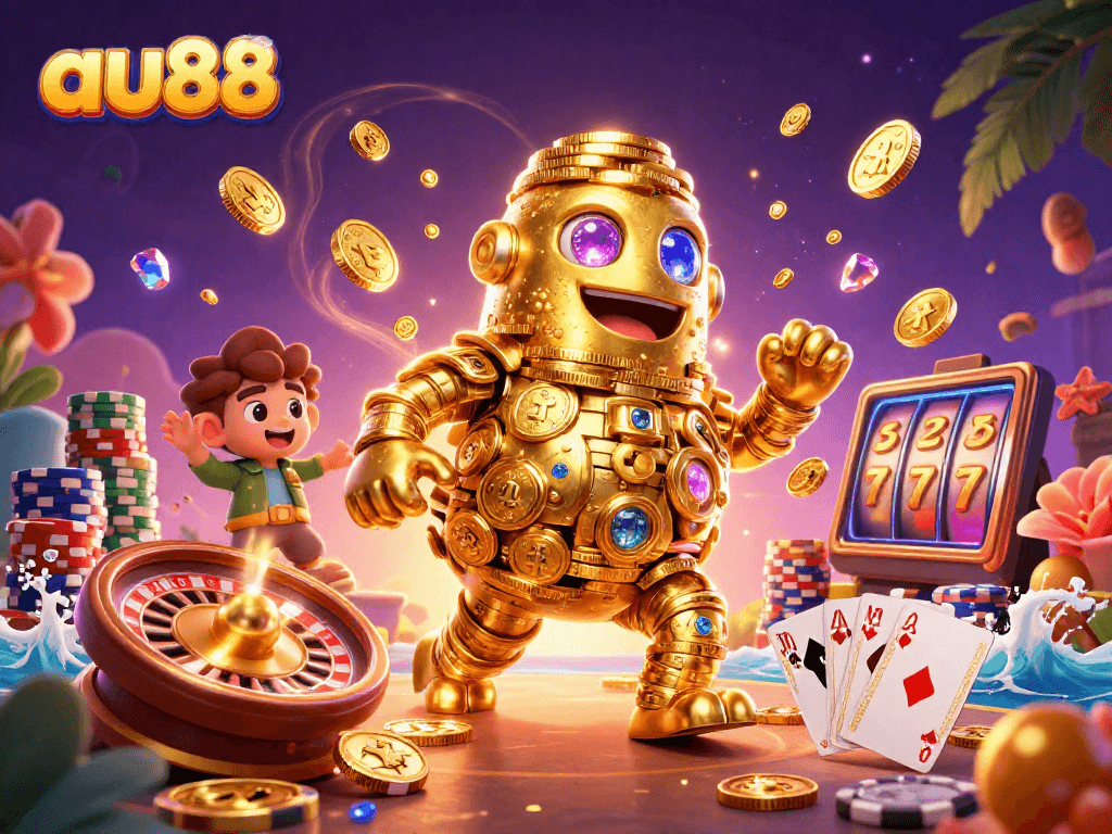 Experience the excitement of au88 with spinning slots and vibrant casino elements in a dazzling scene.