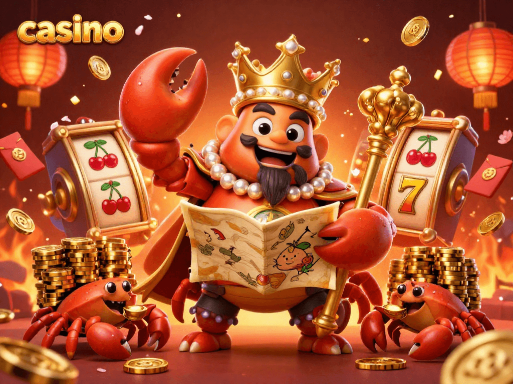 Engaging casino illustration featuring a golden crab emperor amidst vibrant slot reels and exciting game elements.
