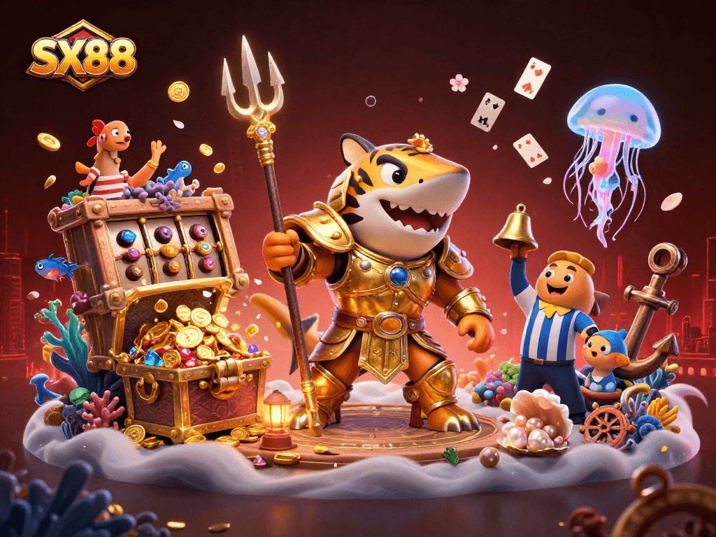 SX88 immerses players in an exciting underwater casino showdown with a shark gladiator in action.