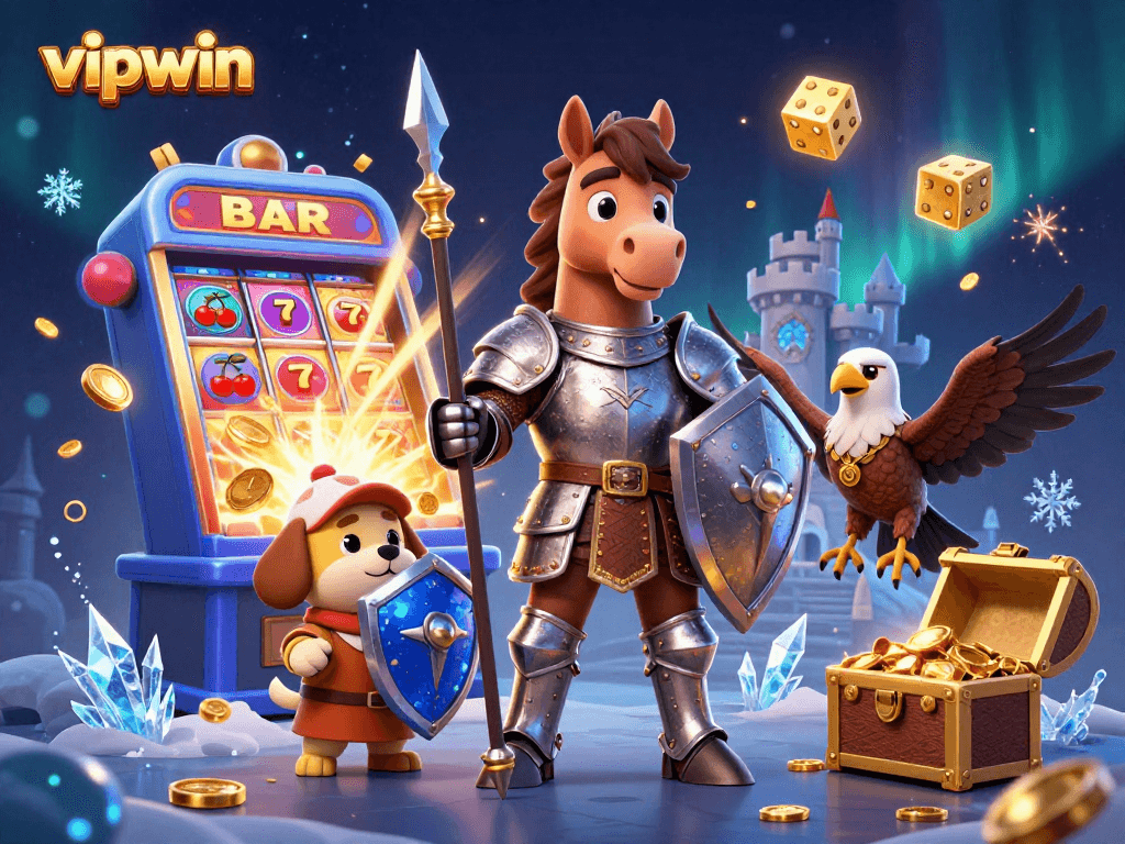 Experience exciting gaming at vipwin with a dynamic scene featuring knights, slot machines, and treasures.