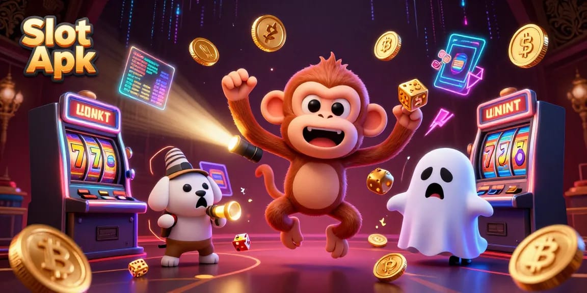Engage with Slot Apk as a playful monkey juggles coins in a vibrant casino scene.
