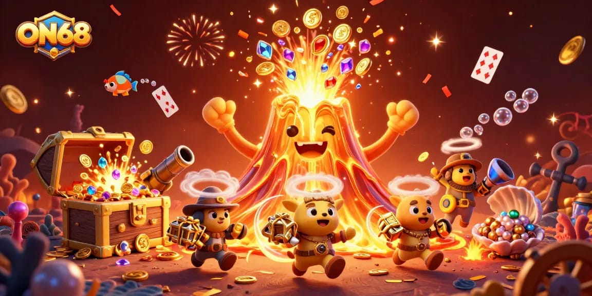 Action-packed ON68 illustration showcasing a golden volcano erupting treasures and playful animals amidst casino elements.