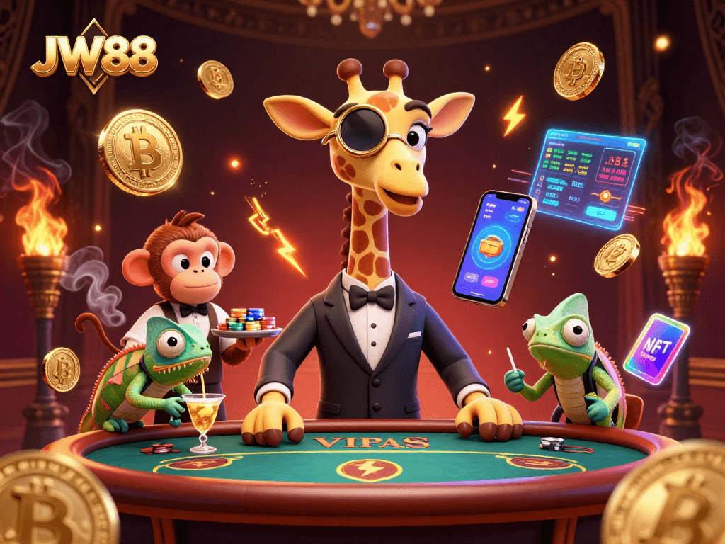 Experience JW88 with a lively 3D cartoon scene of a high-roller giraffe at a VIP Poker table.