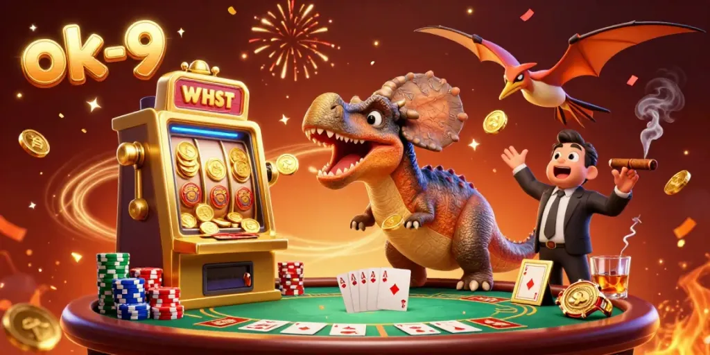Celebrate a jackpot win at ok-9 with a pachycephalosaurus triggering coins from a slot machine amidst vibrant casino elements.