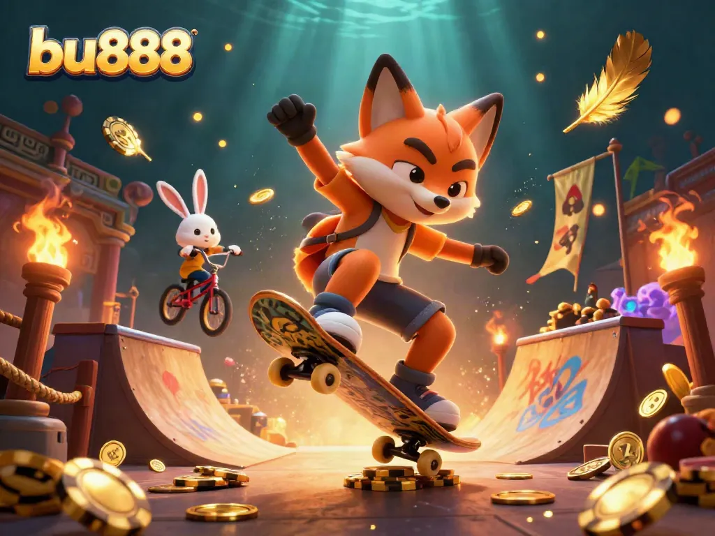 A dynamic illustration of the bu888 brand featuring a cartoon fox and rabbit in a casino-themed setting.