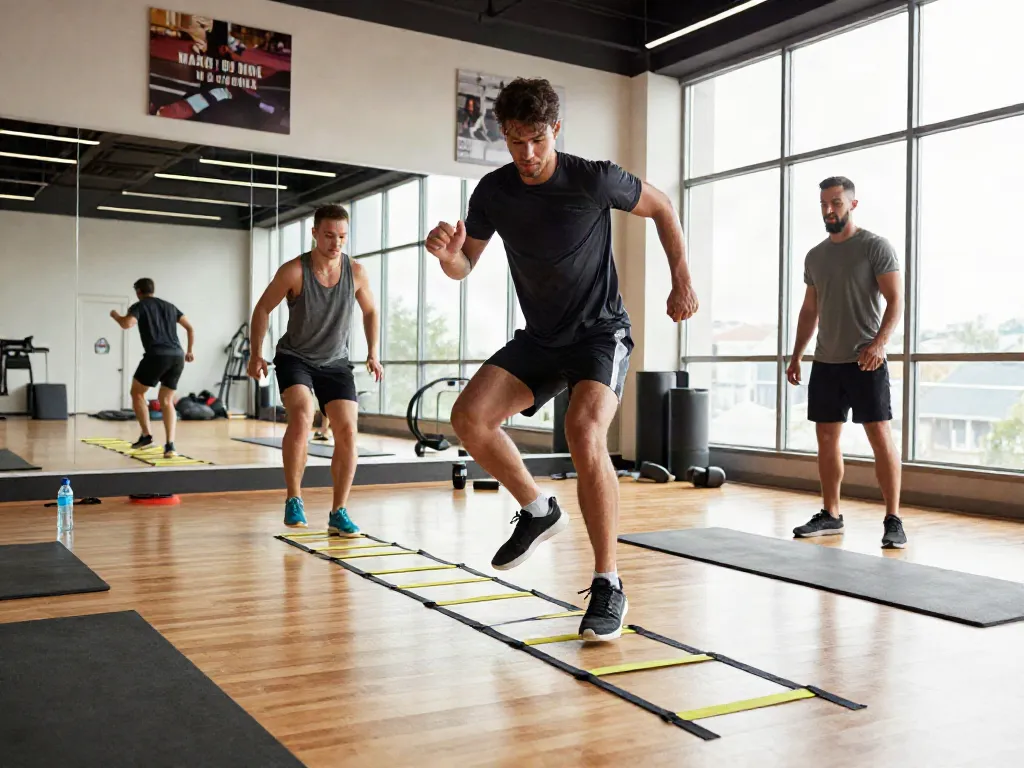 Streek fitness performance scene showcasing agility training in a modern gym.