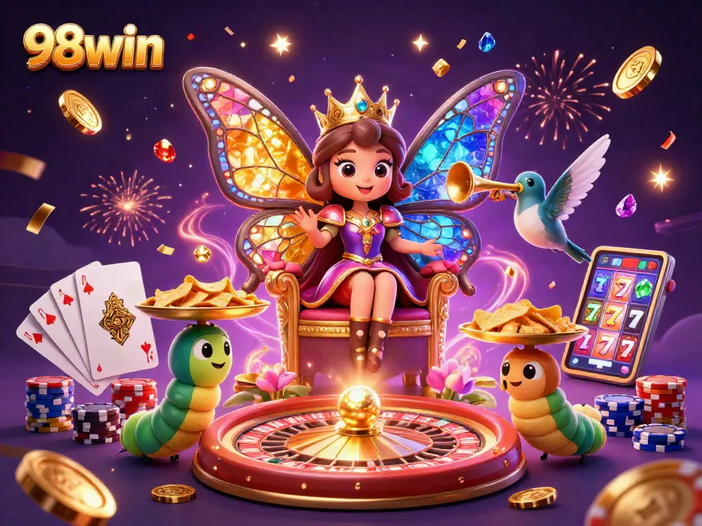 Experience the excitement of 98win with a vibrant casino scene filled with colorful characters and thrilling game elements.