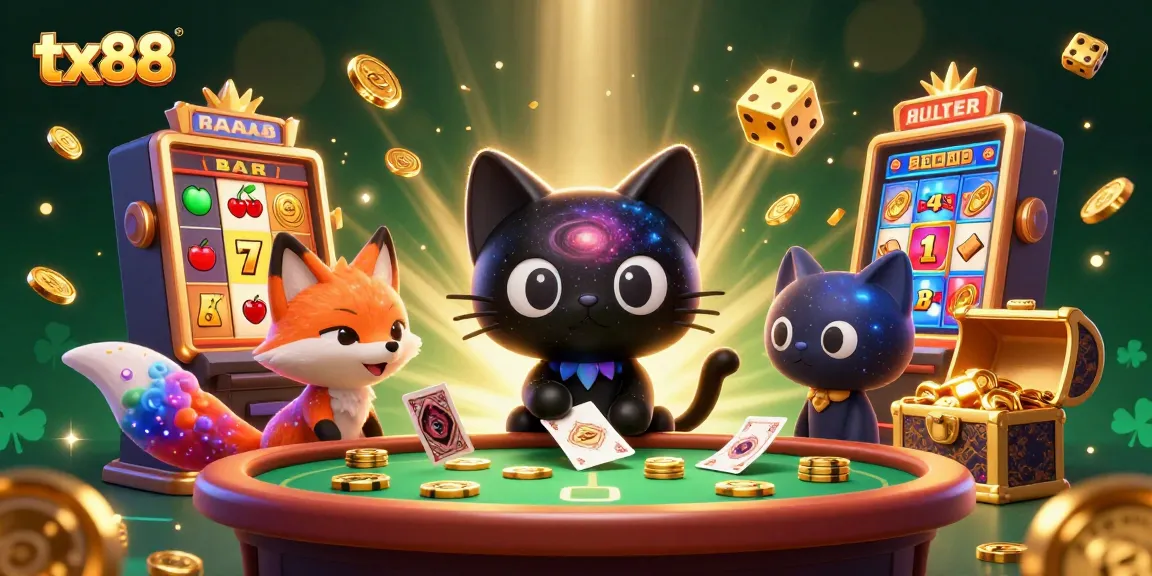 Experience TX88 with exciting gaming elements in a vibrant cosmic casino scene.