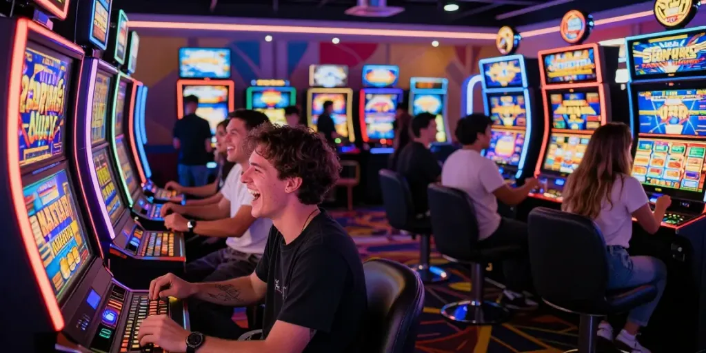 Teman-teman bersenang-senang saat bermain slot mesin di kasino dengan lampu neon cerah.