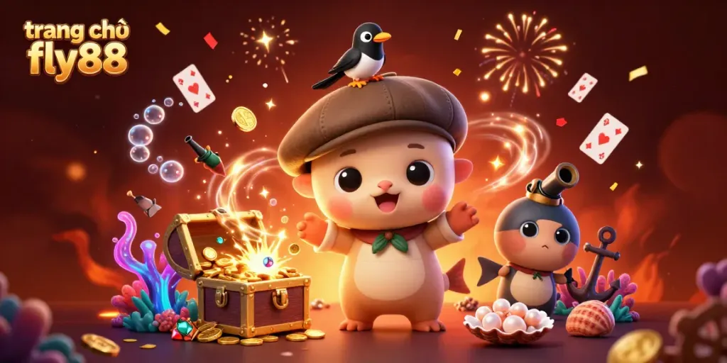 Engage with amazing games on trang chủ fly88 featuring playful cartoon elements and a treasure hunt.