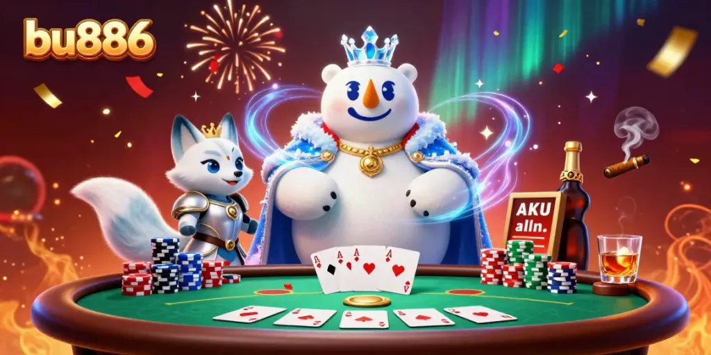 Experience thrilling gaming at bu886 with a vibrant 3D cartoon scene of casino elements and characters.