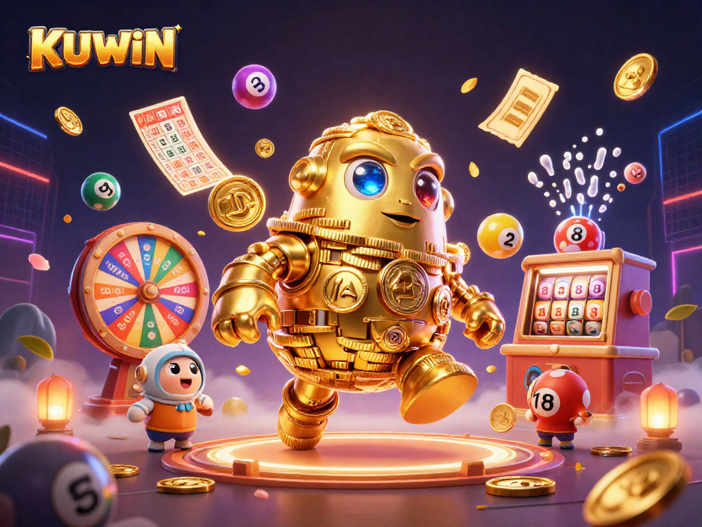 KUWIN offers dynamic lottery and casino excitement with a stunning golden golem surrounded by prizes.