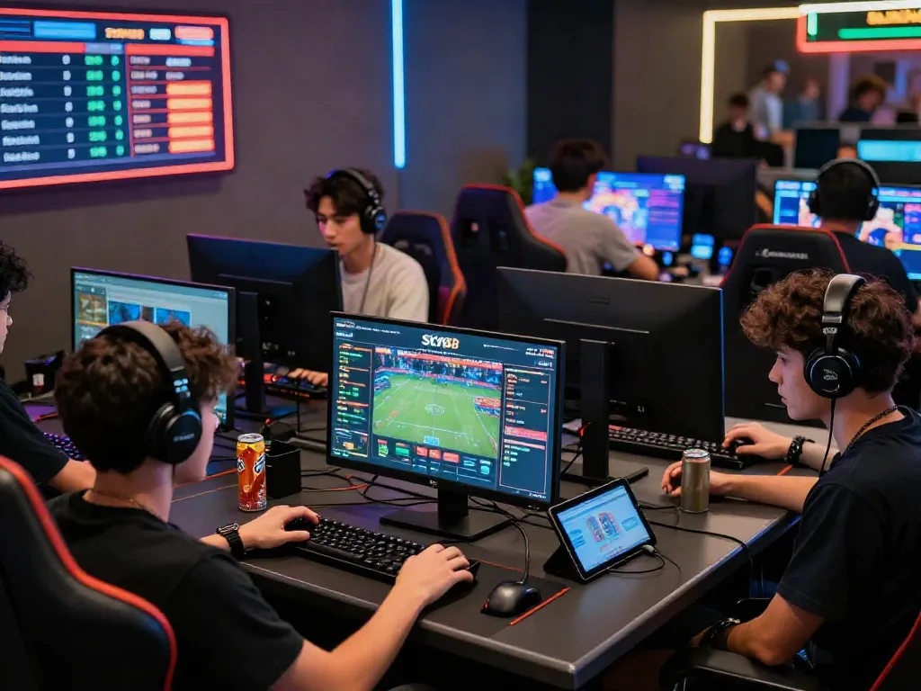 Users engaging at gaming stations on https://sky88tg.com/ showcasing diverse online betting experiences.