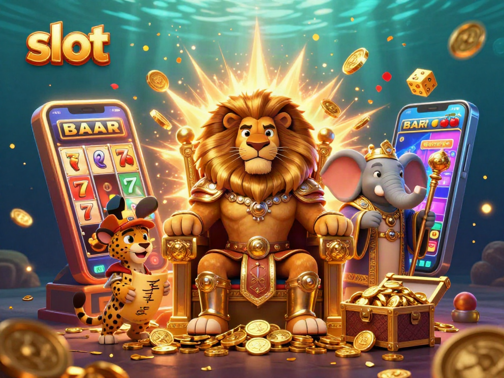 Spin the slot machine with a fierce lion king amid gold coins and jackpot symbols.