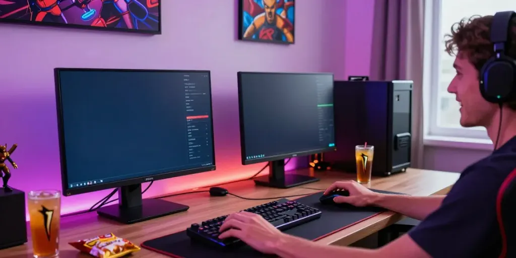 The player engages with the game on https://choinohu.vip/ in an immersive gaming setup with vibrant LED lighting and snacks.