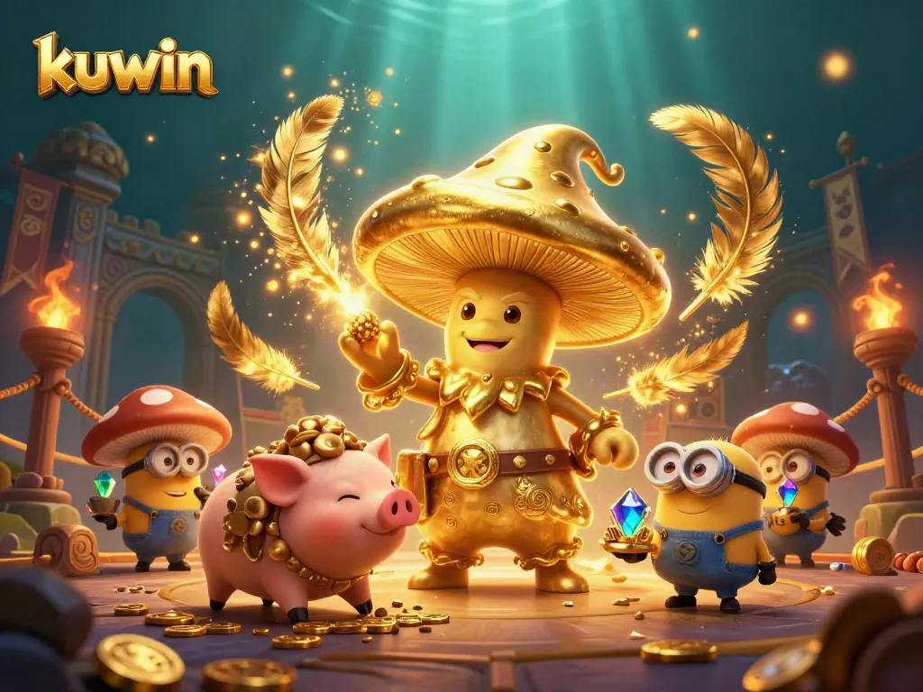 kuwin's magical betting world with golden wizard, treasure-seeking pig, and gemstone minions