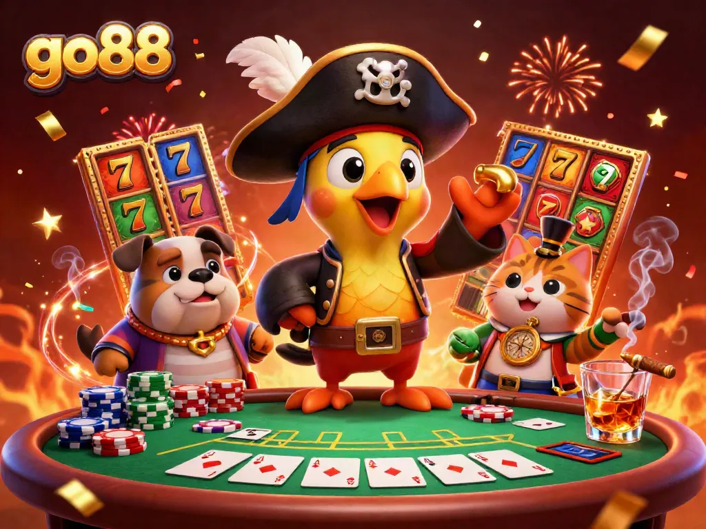 Experience excitement at go88 with vibrant slot reels, poker action, and captivating casino characters.