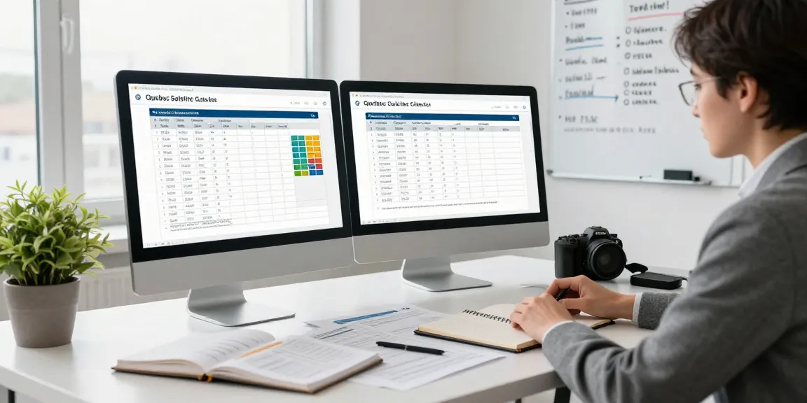 Using the quebec sales tax calculator 2026 at a professional workspace with tax documents and dual monitors.