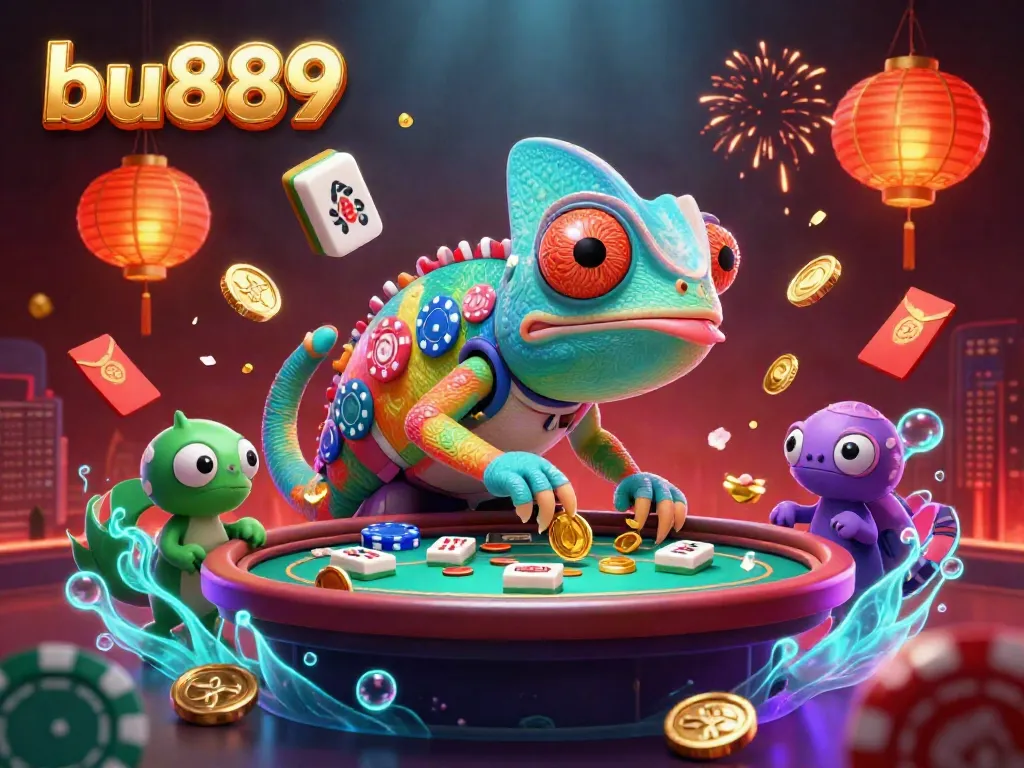 Engage in thrilling casino action at bu889 with a vibrant chameleon owner capturing golden coins.