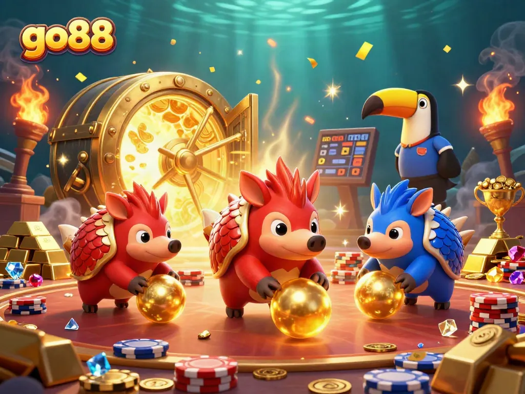 Engage with go88 casino thrills as pangolins roll into golden balls amid poker chips and vibrant treasures.