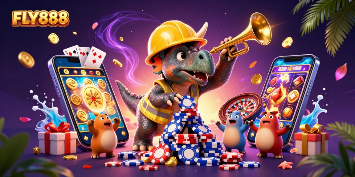 Engage with FLY888 through a vibrant 3D illustration of casino-themed characters celebrating gaming.