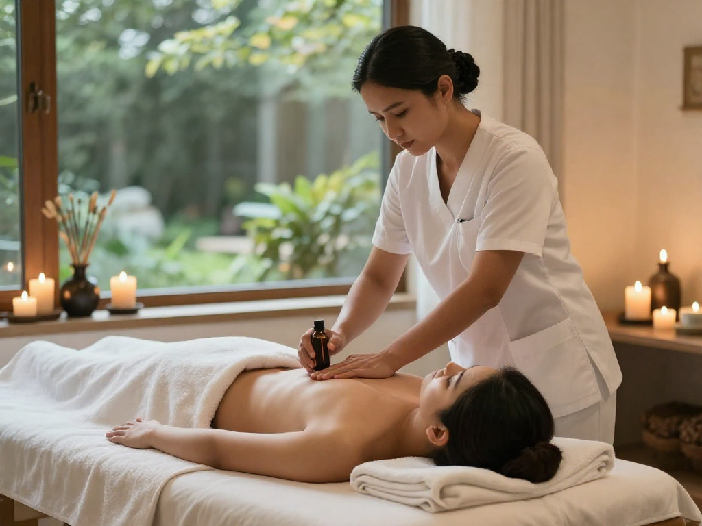 Relaxing 서울출장안마 session at home spa, professional therapist performing massage, soothing atmosphere with candles and herbs.