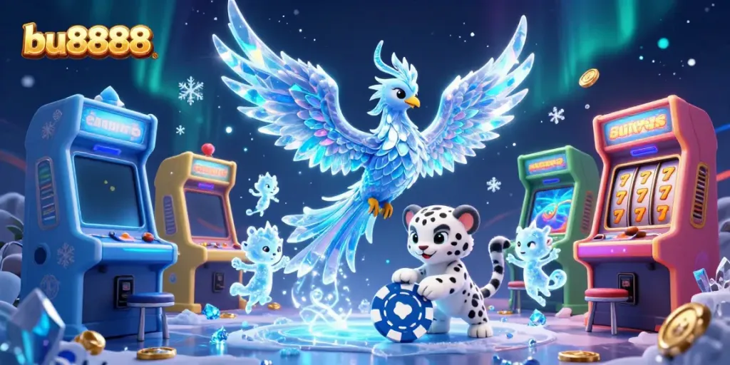 Experience thrills with bu8888 in this vibrant casino scene showcasing an ice phoenix and slot elements.
