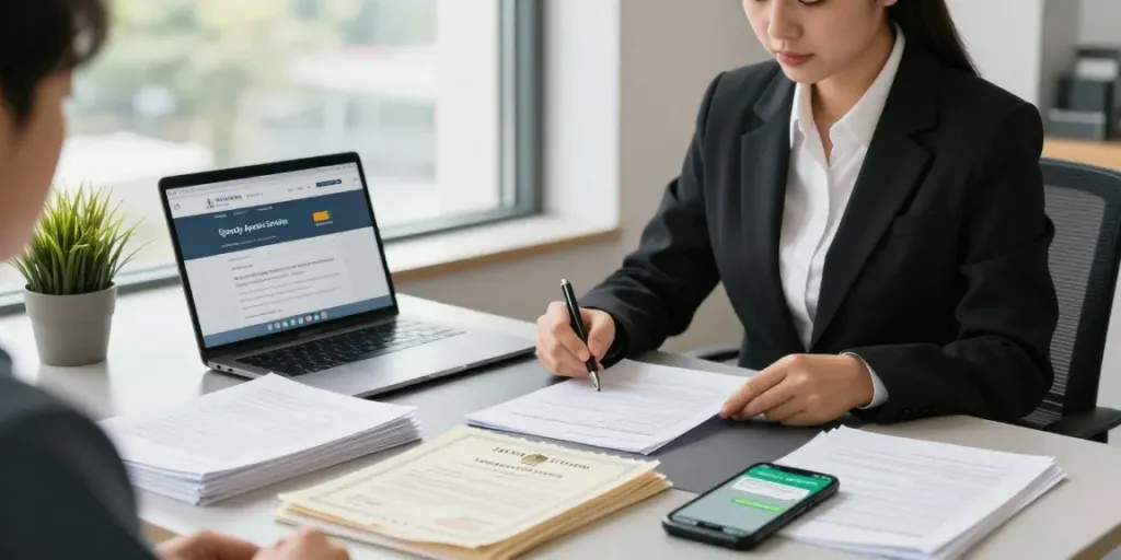 Apostille near me service with a professional notary assisting clients in a modern office, focused on document processing.
