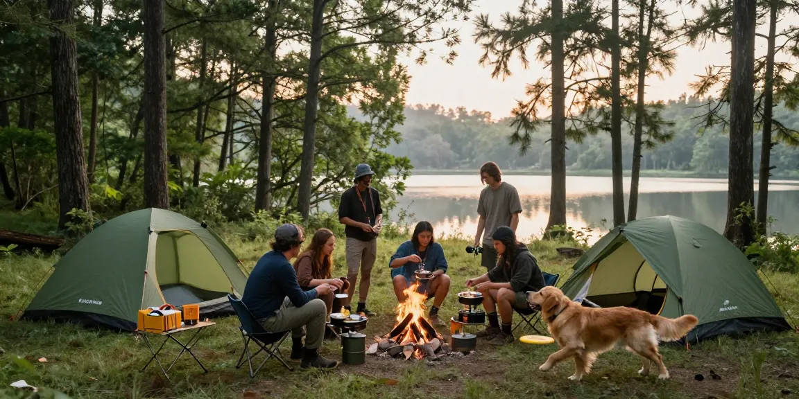Friends enjoying camping gear from ROKOK88 around a campfire, reflecting on outdoor adventure.