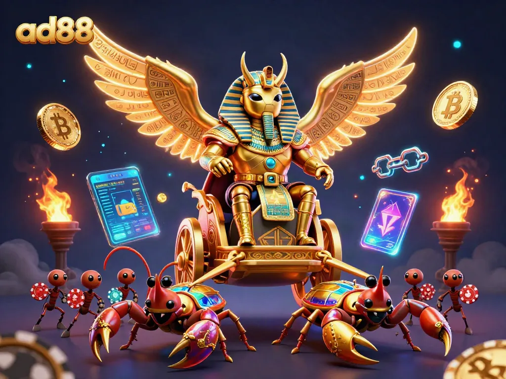 Engage with ad88 through a vibrant, dynamic 3D casino-themed illustration featuring a golden scarab and crypto coins.