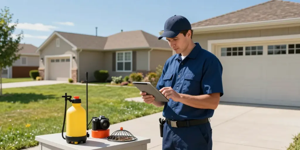 Calgary pest control technician assessing pest activity at a residential property with professional equipment.