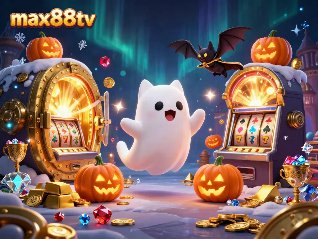 Engage with max88tv's thrilling ghostly casino scene featuring a friendly ghost cat and vampire bat.