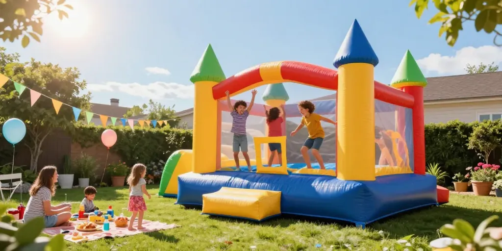 Happy children playing in a vibrant bounce castle during a sunny backyard party.