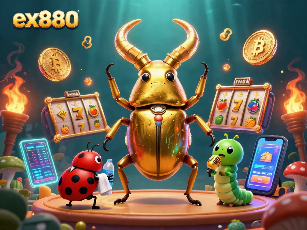 Experience the vibrant energy of ex880 with a lively casino scene featuring a golden stag beetle and dynamic game elements.
