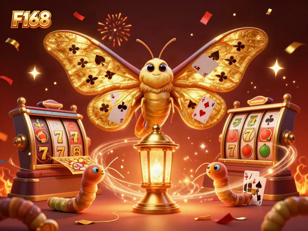 Experience F168 excitement with vibrant casino elements and animated characters in this illustration.