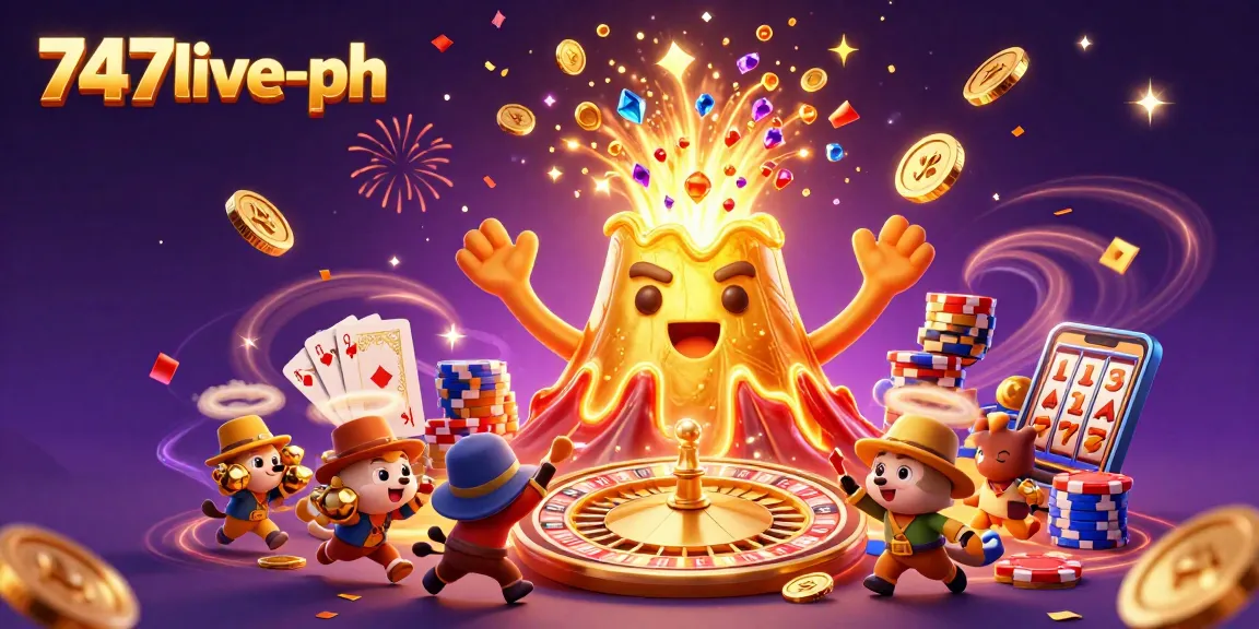Engage with the thrilling energy of 747live-ph as the golden volcano erupts coins and gems in a lively casino scene.