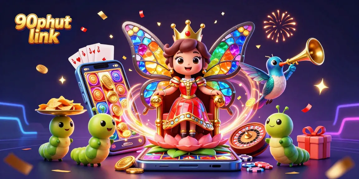 Experience the 90phut link with a vibrant 3D scene of a butterfly queen amidst casino elements, capturing the thrill of online betting.