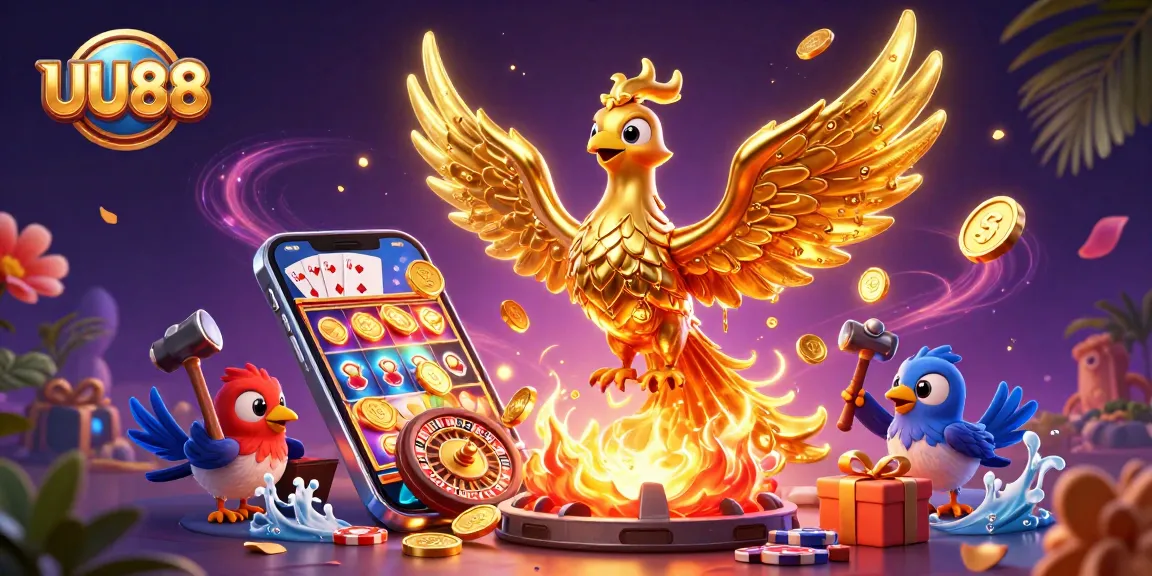 Experience the exhilarating world of UU88 with golden phoenixes and vibrant casino games in a lively 3D scene.