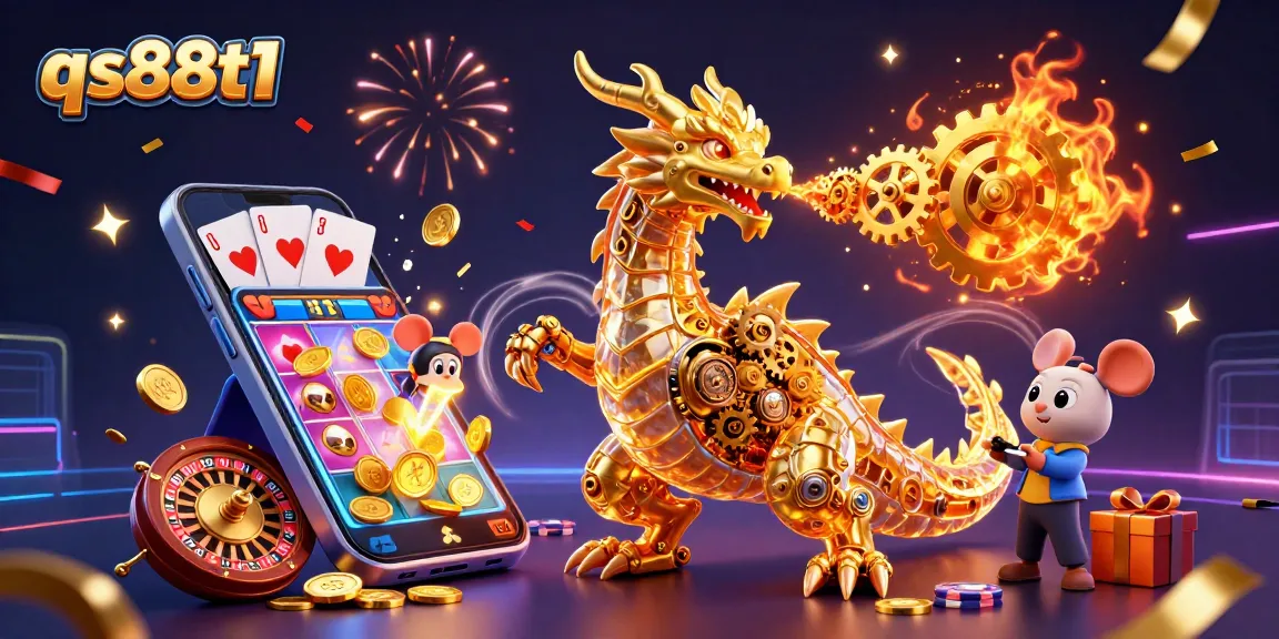 Experience thrilling gameplay with qs88t1 as a golden dragon breathes gears amidst exciting casino elements.