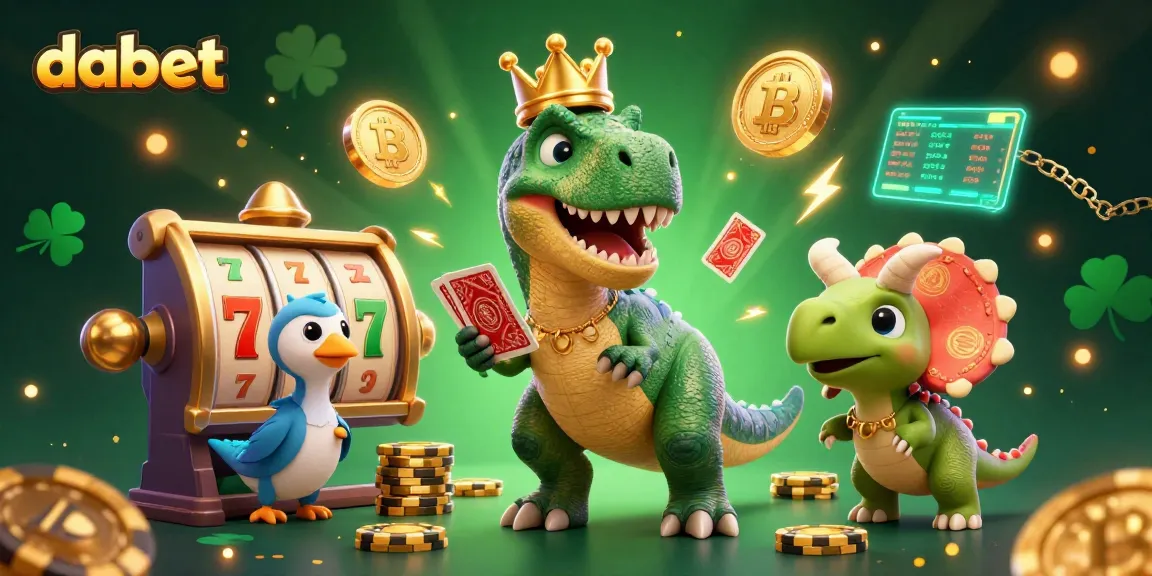 dabet's colorful casino illustration with T-Rex shuffling cards, highlighting winning slot games and crypto excitement.